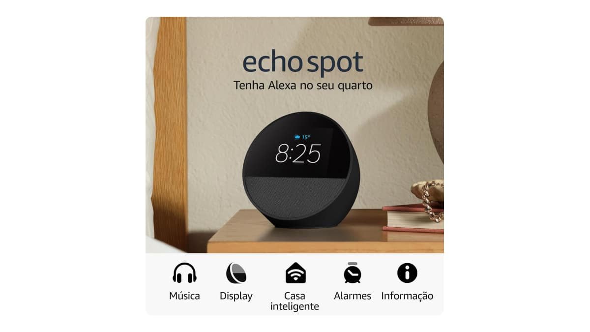 Echo Spot com Alexa (Geração mais recente) | Despertador inteligente com som vibrante | Cor Preta