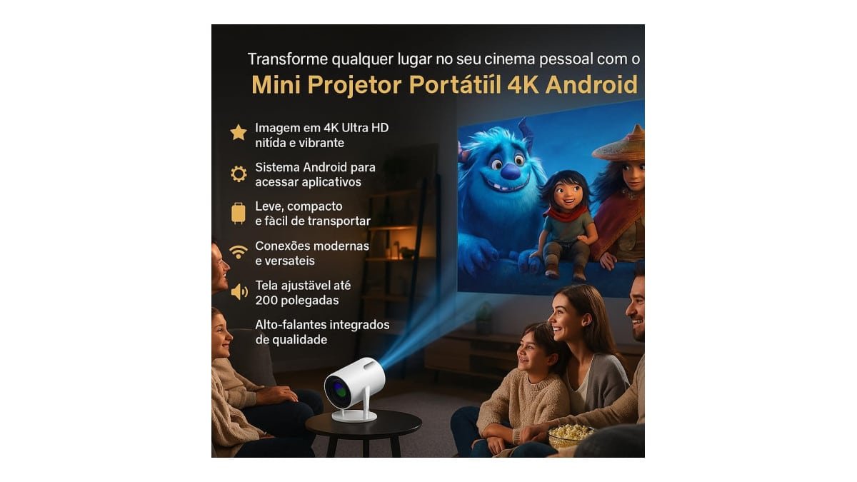 Mini Projetor Portátil 5G Wi-Fi 6 Bluetooth 5.0 Android 11 4K 1080P Full HD 8000 Lumens LED Auto Correção Trapezoidal Horizontal Rotação 180° Ideal para Projeções Cinemáticas