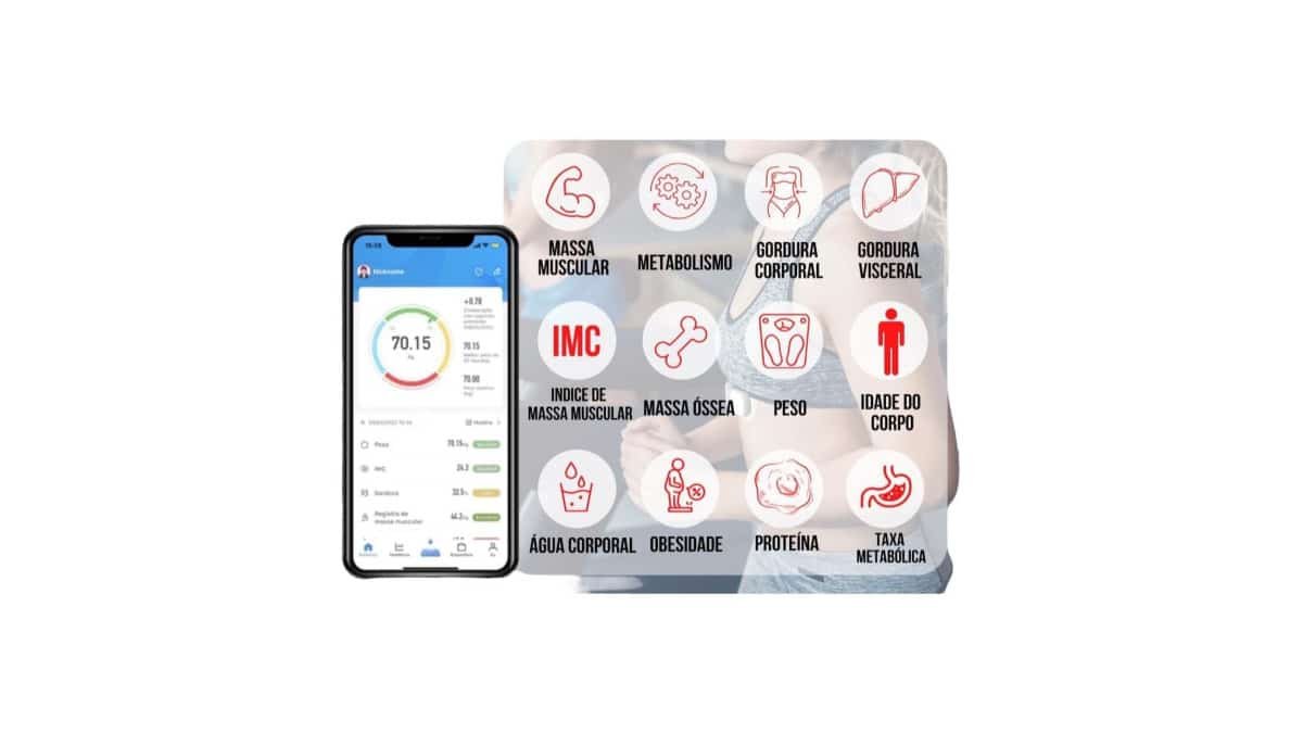 Balança Digital Bioimpedância Premium Bluetooth com App Saúde iOS Android para IMC Gordura Corporal Massa Muscular Massa Óssea Água Corporal Taxa Metabólica BMR Alta Precisão Vidro Temperado LED