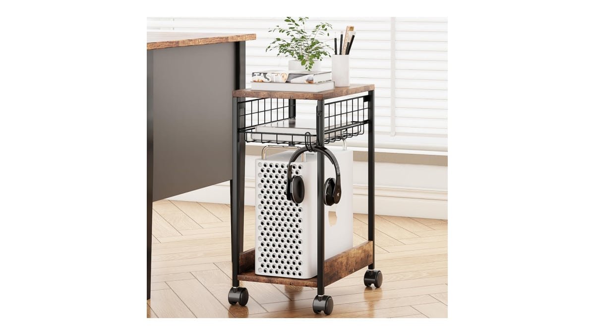 Suporte de Torre de Computador de 3 Níveis, Suporte de CPU Marrom com Rodas Giratórias, Móvel e Resistente para Escritório, Casa e Estúdio