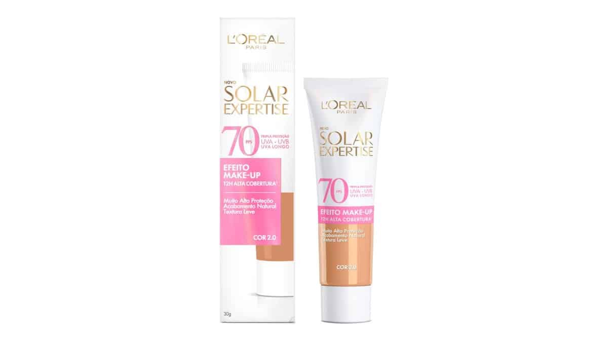 L’Oréal Paris Solar Expertise Efeito Make-Up, Protetor Solar com Cor FPS 70, Cobertura de Maquiagem por até 12h, Tripla Proteção Solar contra raios UVB, UVA, UVA Longo e Luz Visível Cor 2.0, 30g