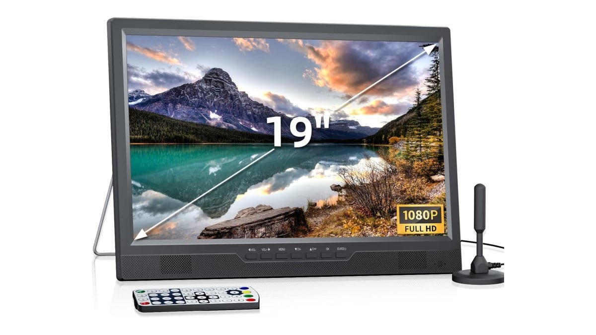 NORTHING TV portátil de 19,2 polegadas com antena, TV pequena LED 1080p com entrada HDMI/entrada AV/porta USB, monitor portátil com suporte embutido, para acampamento, cozinha, quarto, pátio, trailer