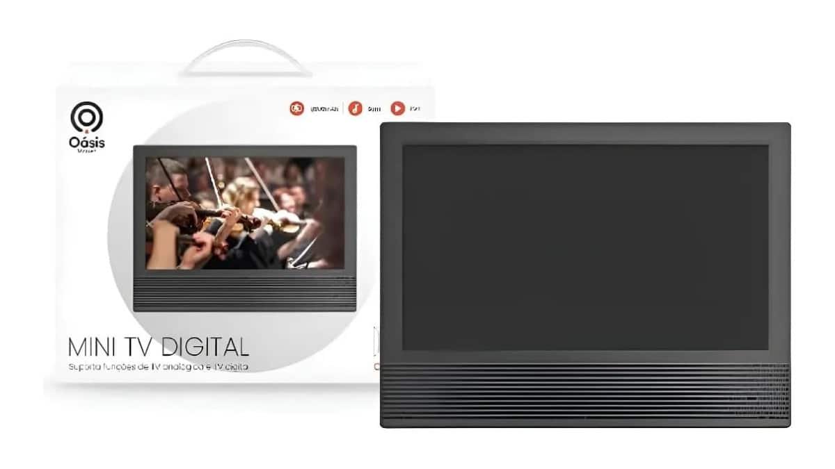 Mini TV Digital Oásis Market 14″ OIH-5806 – Bateria 8800mAh, Som 20W, Gravação PVR, TV Analógica e Digital, USB, Cartão TF