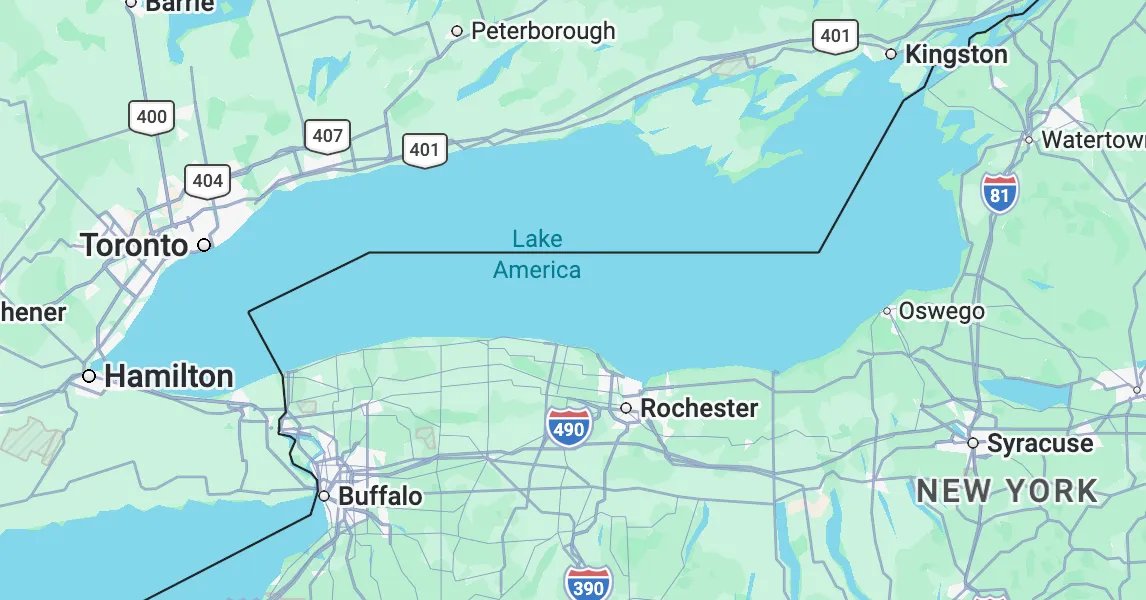 Google Maps exibe "Lake America" no lugar do Lago Ontário