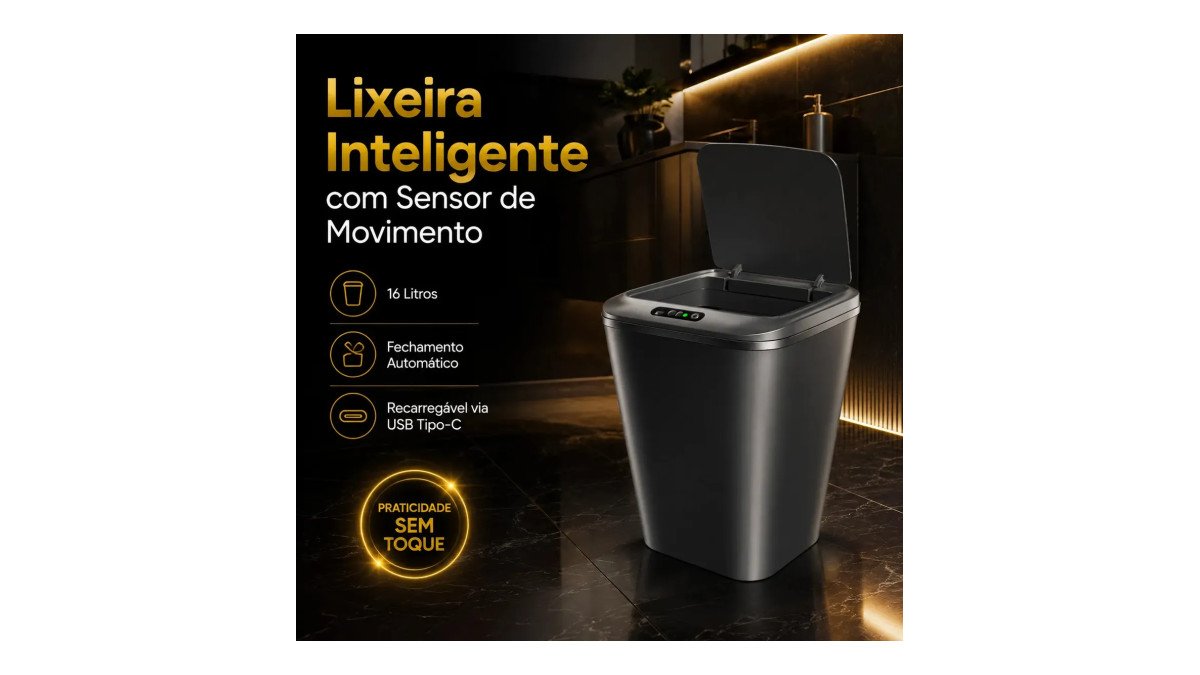 Lixeira Inteligente Automática Preta Universal Com Sensor Hearbuds Recarregável Anti Odor 16L