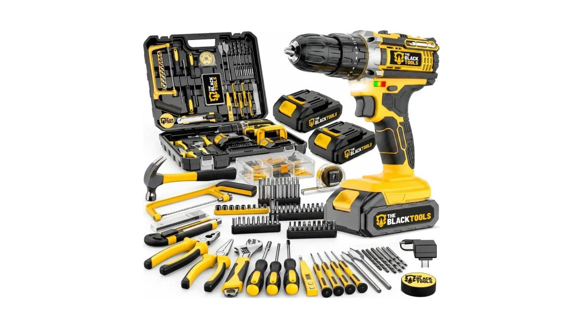 Parafusadeira Furadeira De Impacto The Black Tools Com Maleta + Kit Acessórios 147 Peças 2 Baterias Profissional Tbkit17