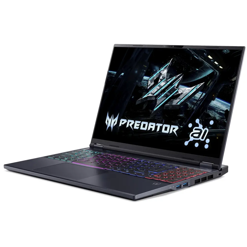 Acer Predator Helios Neo 16 visto de lado, mostrando portas USB e design do notebook gamer