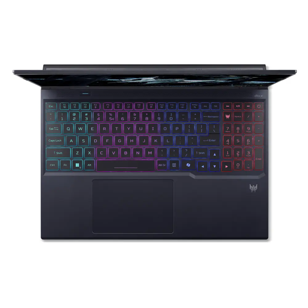 Acer Predator Helios Neo 16 visto de cima, mostrando o teclado retroiluminado RGB e o touchpad