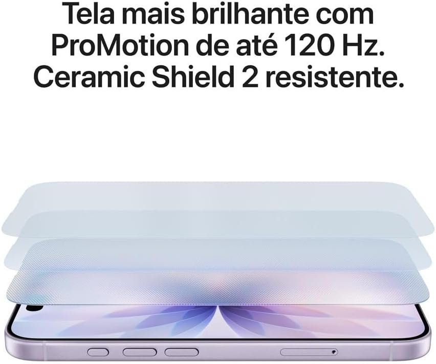 Apple iPhone 17 Azul-névoa, close-up do sistema de câmera dupla Fusion de 48MP