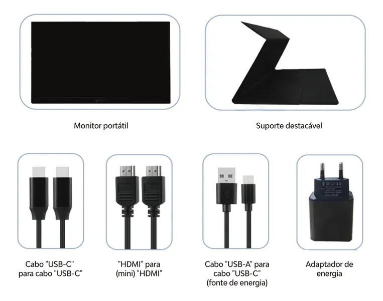 Itens inclusos na caixa do Monitor Portátil Tomate MTM-1506: monitor, suporte destacável, cabos e adaptador de energia
